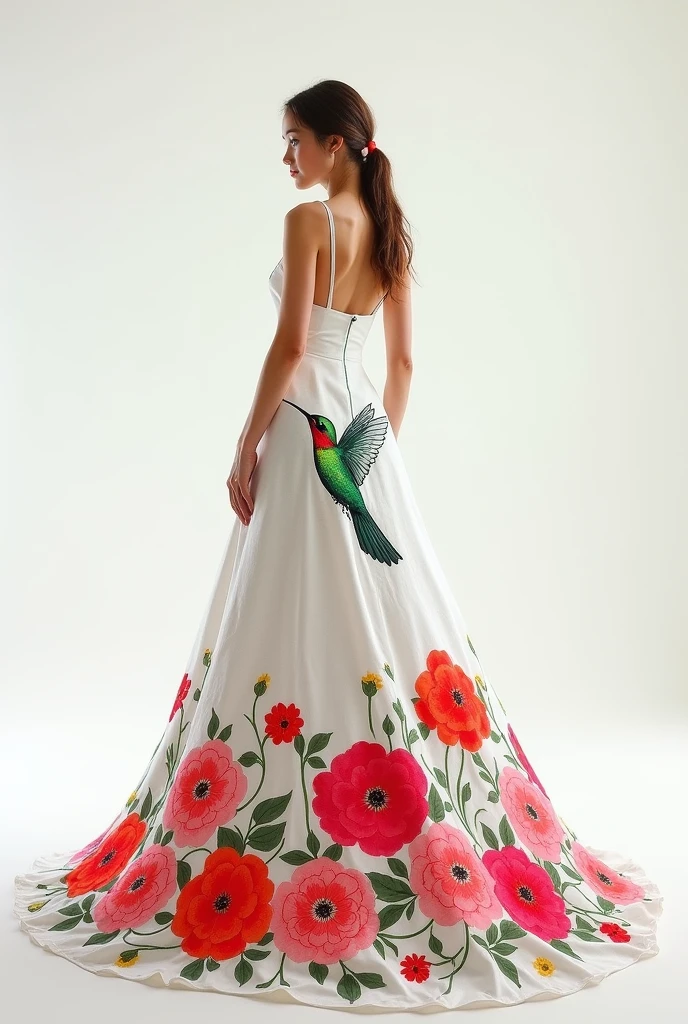 An image of a cloth dress with a drawing of a hummingbird and flowers on the bottom in a chain. The hummingbird should be large and the flowers should be large and carnations. The dress should be white and not too green. The dress is large and I want flowers around it. But the drawing should look like it is drawn and stitched with tempera.