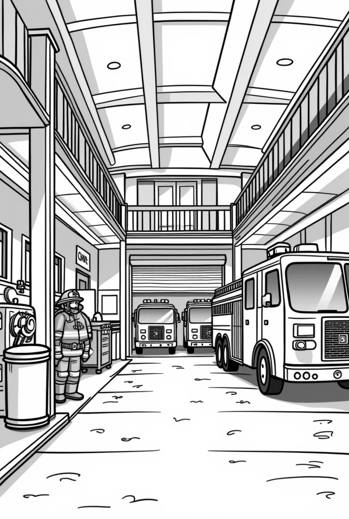 Create a line art illustration of a cartoon style fire station interior , the image must be in line art ,black and white outline ,style for coloring book