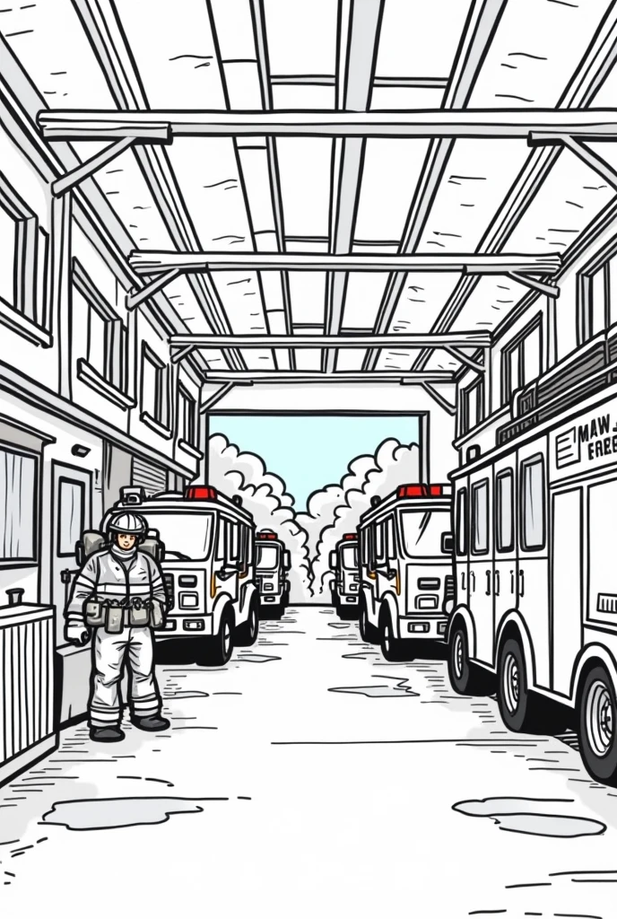 Create a line art illustration of a cartoon style fire station interior , the image must be in line art ,black and white outline ,style for coloring book