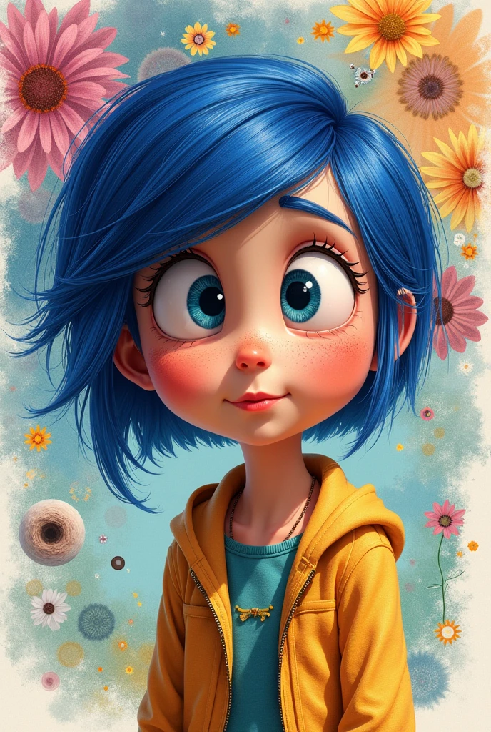 Create a drawing of the daughter of the characters Nostalgia and Mind Cop Dave from the animated movie Inside out 2. The drawing will be the daughter of the two characters and also the facial expressions and background of the drawing created will refer to these characters.