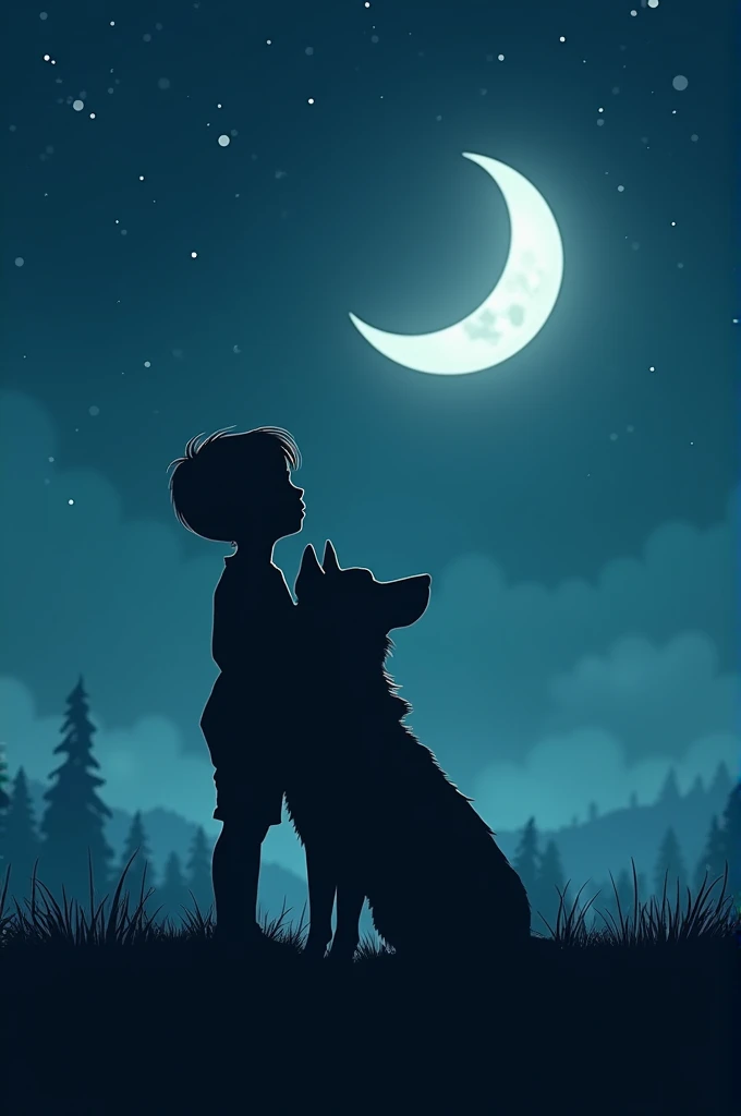 The silhouette of a child leaning on a dog looking at the moon