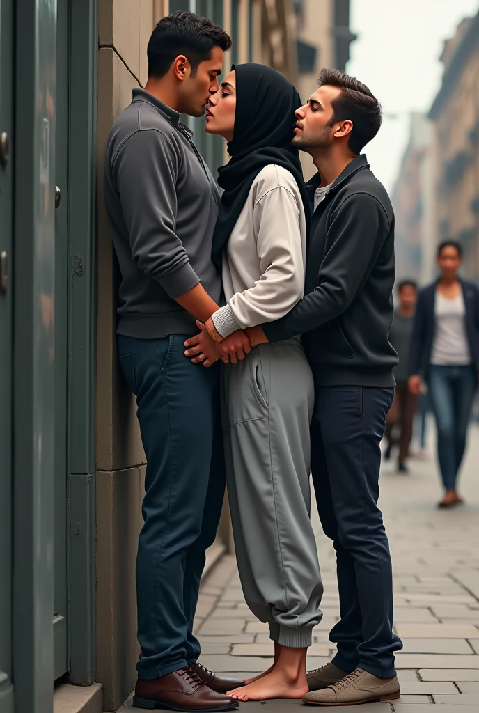 with black headscarf, white long sleeve t shirt, baggy grey sweatpants, barefoot sexy skinny woman. Man kissing woman with her back against the wall on the street. Another man touches woman's butt.
