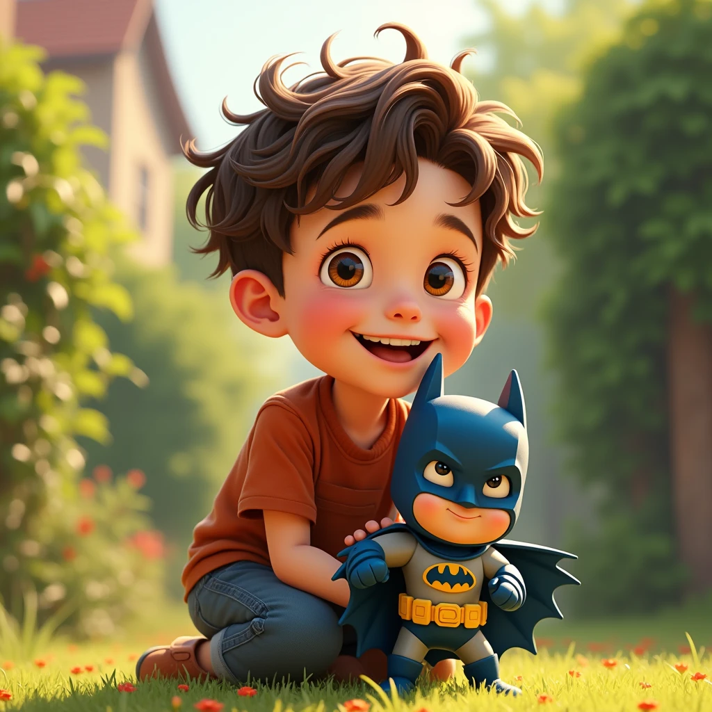 Image type: Pixar cartoon of a  boy, short brown hair, big cage eyes, Expression of a happy and friendly child. The boy is playing with his batman toy in his hand outdoors, happy and full of energy 