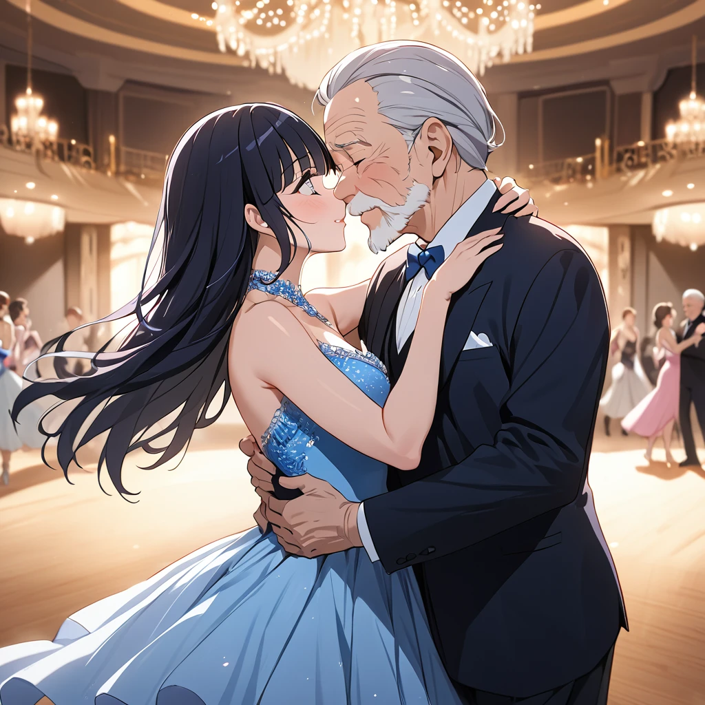 ((Highest quality)), ((masterpiece)), (detailed), (Perfect Face)、The woman is Reika Aoki with semi-long hair、The woman is wearing a ballroom dance costume at a ballroom and dancing gracefully and beautifully while kissing an old man. The man proposes to her and the woman accepts the proposal.