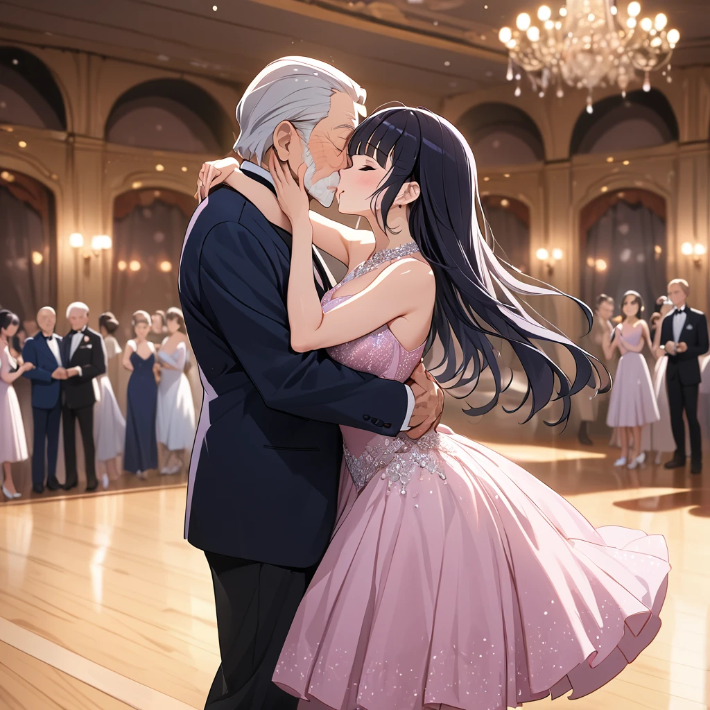 ((Highest quality)), ((masterpiece)), (detailed), （Perfect Face）、The woman is Reika Aoki with semi-long hair、The woman is wearing a ballroom dance costume at a ballroom and dancing gracefully and beautifully while kissing an old man. The man proposes to her and the woman accepts the proposal.