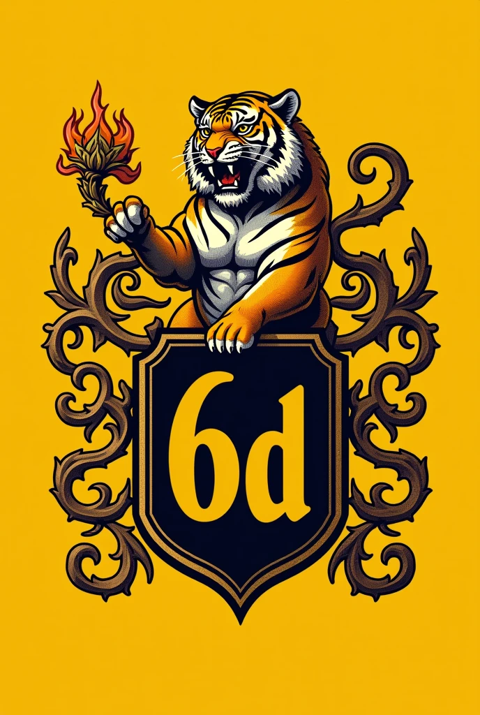 I want you to make a 2D tiger coat of arms on a yellow background, this tiger with the name:6D