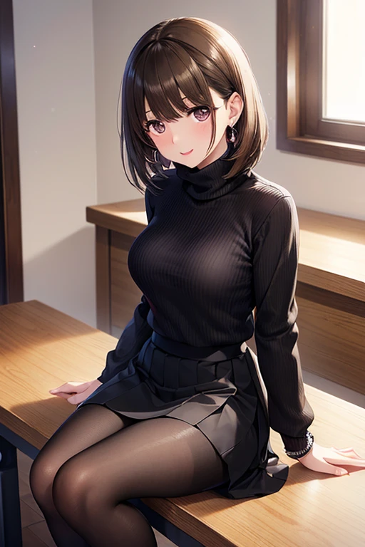 anegasaki nene、Shiny brown hair, short hair, (Beautiful brown eyes、Sparkling eyes, Fine grain)、smile、Ultra-detailed eyes、Very detailed顔, Very detailed目,
(One girl, alone, alone),, Very detailed, Soft indirect lighting, 4K, Perfect Eyes, Perfect Face, Perfect lighting, a. One girl)), ((Captivating look, Seduce, sensualizes, Excited)),
((Pink Sweater, long black skirt, Turtleneck sweater, Crossing your legs, High heels, Sitting at the table, Acrylic Table, Translucent table, office, studio, bracelet, Ruby Earrings)),
