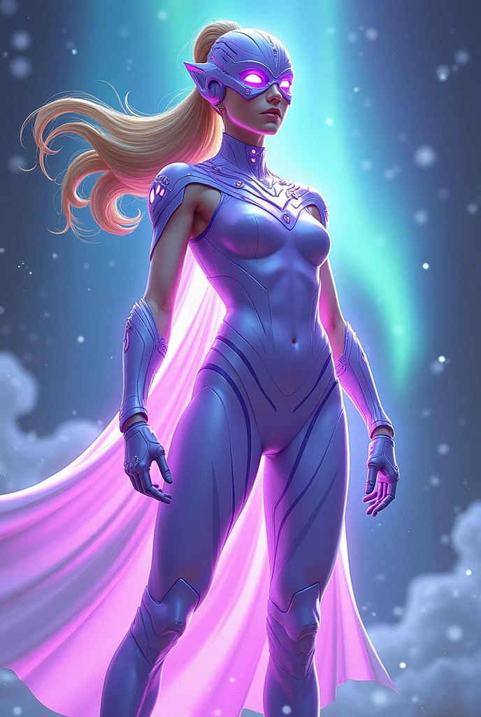 In comic book style, 2d, styl DC Comics, superheroine Aurora presents herself as a character full of grace and strength. Her costume is elegant, przylegający, made of advanced nanomaterials, which are both flexible, and durable. Dominującym kolorem jest lawendowy, with subtle, light blue inserts, które zdają się pulsować delikatnym światłem, szczególnie gdy bohaterka używa swoich mocy. The costume comes in the form of tight leggings and a fitted top with a longer back., przypominającym lekką tunikę, which gives it a dynamic look when moving.
Rękawice Aurory mają na sobie emblematy w formie zorzy polarnej, and shoes with a strong sole provide stability and mobility in combat. Na głowie nosi stylowy hełm inspirowany maską baletową, który jest przylegający i półprzezroczysty w okolicach oczu, protecting her from being blinded. Hełm jest zdobiony motywami zorzy, changing colors from lavender to icy blue, reflecting her powers.
Her long, blond hair, tied in a loose ponytail, they wave after her, creating an aura of lightness and grace. Aurora's appearance exudes strength and subtle beauty at the same time., making her a heroine, which fits perfectly into the classic comic book style.