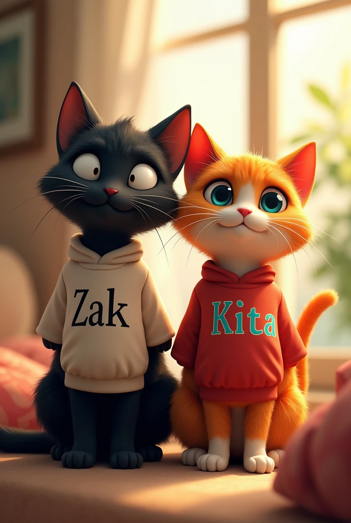 two cats with shirts with zak black cat and kita orange cat on their shirts