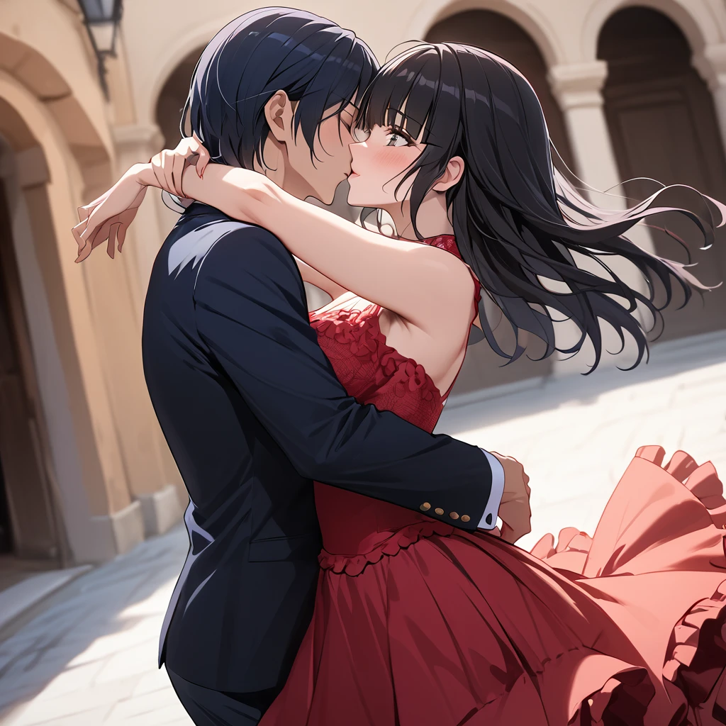 ((Highest quality)), ((masterpiece)), (detailed), (Perfect Face)、The woman is Aoki Reika, Spanish, with semi-long hair.、Woman in flamenco dress dancing passionately flamenco in Spain kissing man