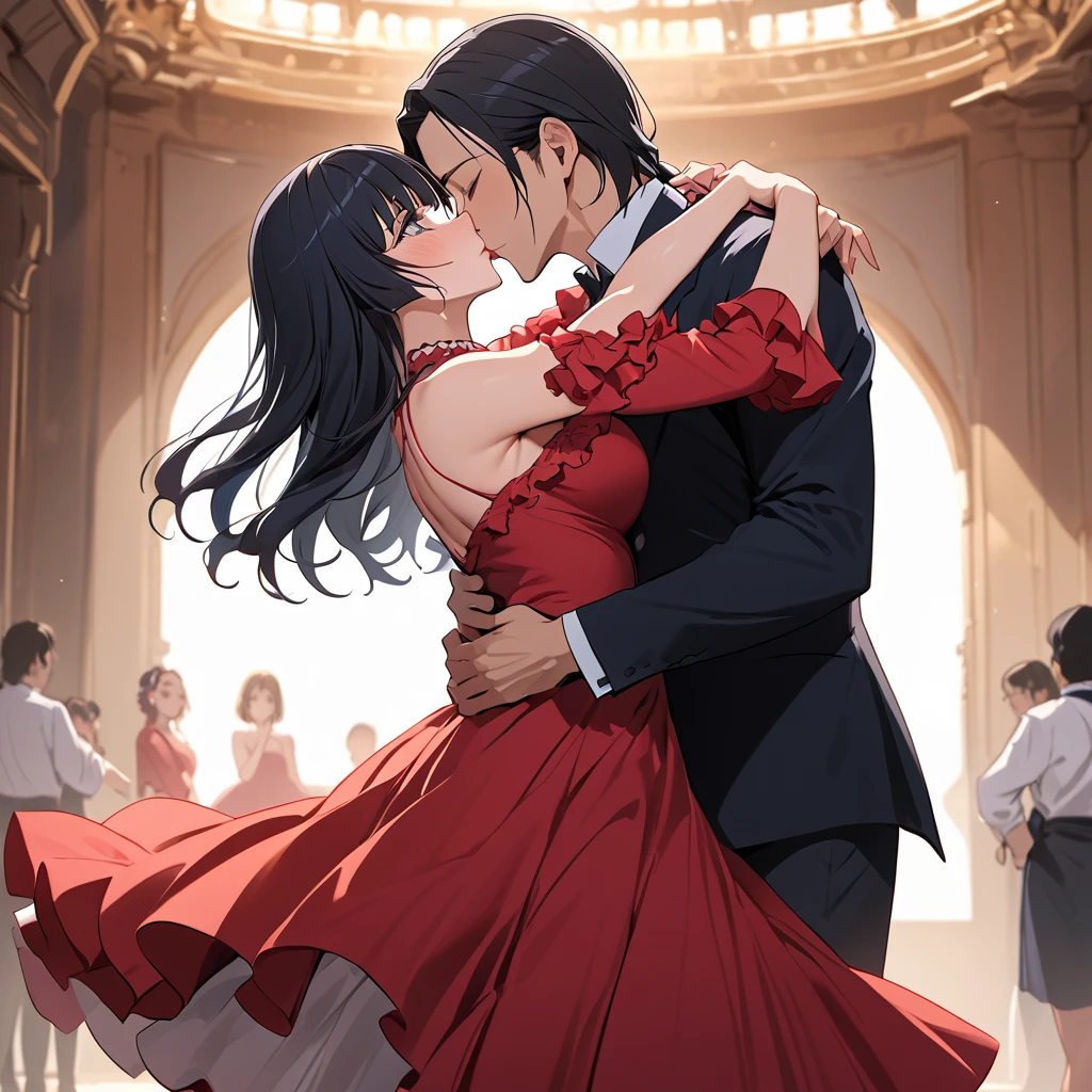 ((Highest quality)), ((masterpiece)), (detailed), （Perfect Face）、The woman is Aoki Reika, Spanish, with semi-long hair.、Woman in flamenco dress dancing passionately flamenco in Spain kissing man