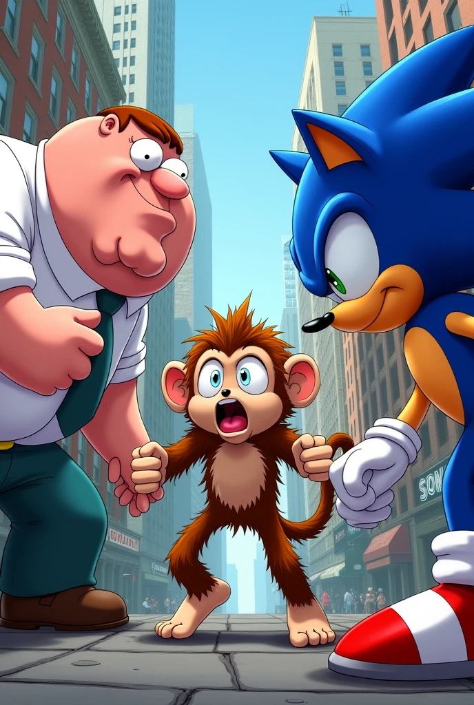 A monkey being attacked by Peter griffin and sonic the hedgehog
