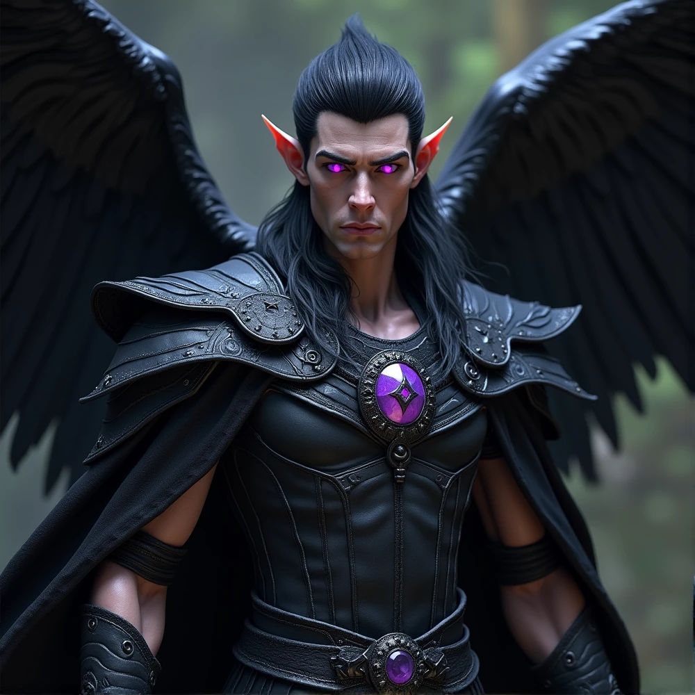 (photorealism:1.2), Male white with black hair muscular slim male tall elven ears glowing royal purple eyes and fantasy black leather armor and fantasy clothes black featered wings folded behind his back a black metal circlet inlaid with purple gemstones