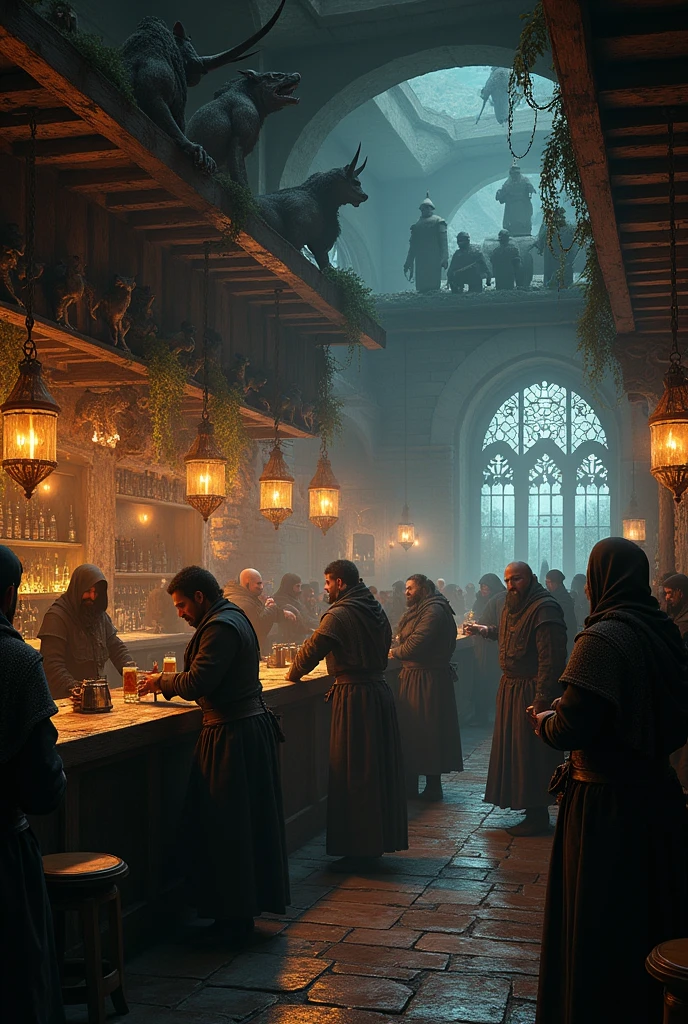 A medieval tavern with elves, hooded wizards, a dark environment with dwarves and animal men, very realistic. With more movement in the tavern and now with a bartender and knights in the background, with animals carved on the wall.
