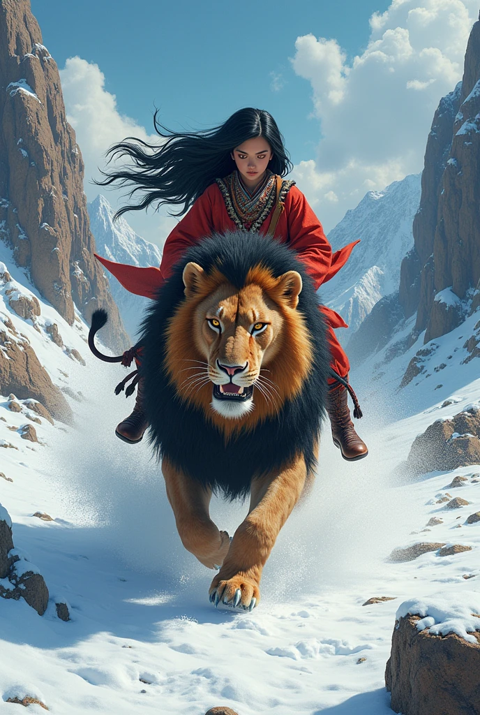 girl\(long black hair, Ainu folk costume, smiling\) sitting on a lion running at great speed through the wilderness\(snowy mountains\) of Hokkaido,dynamic camera angle, powerful composition, concentrated lines, scattered snow,great land scape
