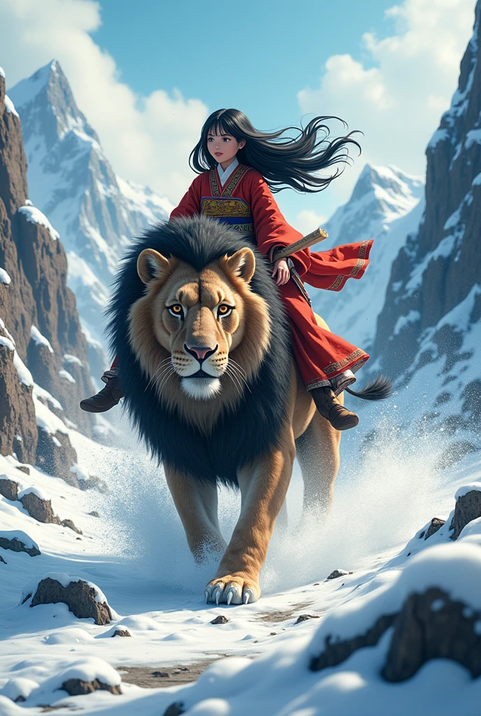 girl\(long black hair, Ainu folk costume, smiling\) sitting on a lion running at great speed through the wilderness\(snowy mountains\) of Hokkaido,dynamic camera angle, powerful composition, concentrated lines, scattered snow,great land scape