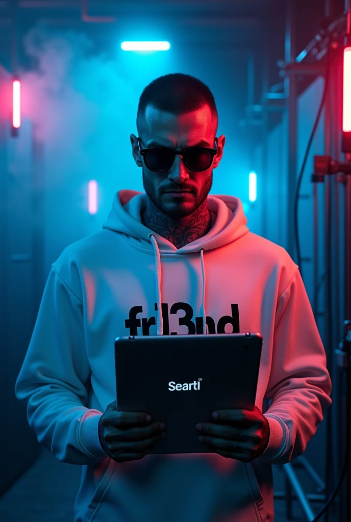 a man with short hair, grimacing in sunglasses, holding an iPad with a seaArt logo, standing in a darkroom with wires, fog, and neon lights, wearing a white hoodie with "fr13nd" inscription, detailed skin with tattoos, looking angry and aggressive, serious and focused mood, atmosphere of a recording studio with creative energy and professionalism