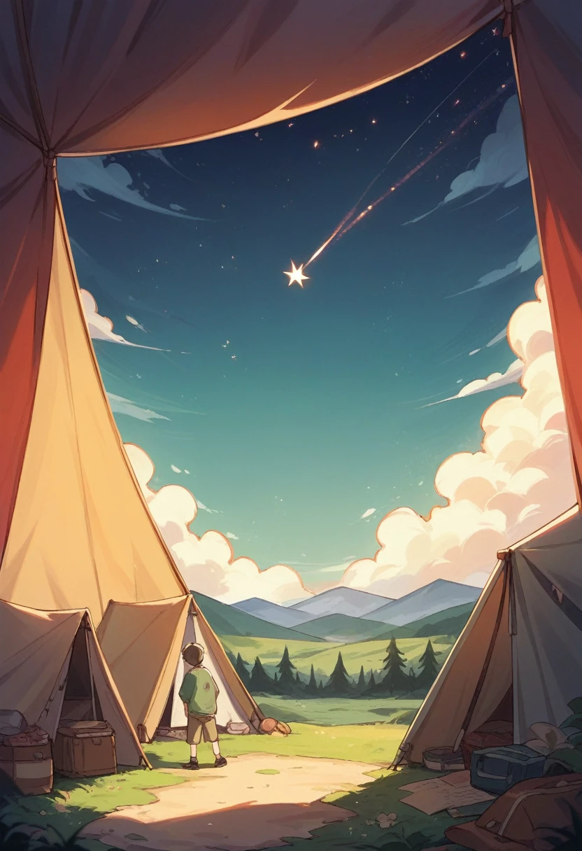 poster the tent stands in a meadow under the starry sky, in front of it there is a bonfire above the tent against the sky there is an inscription Yuru camp: a new era is coming