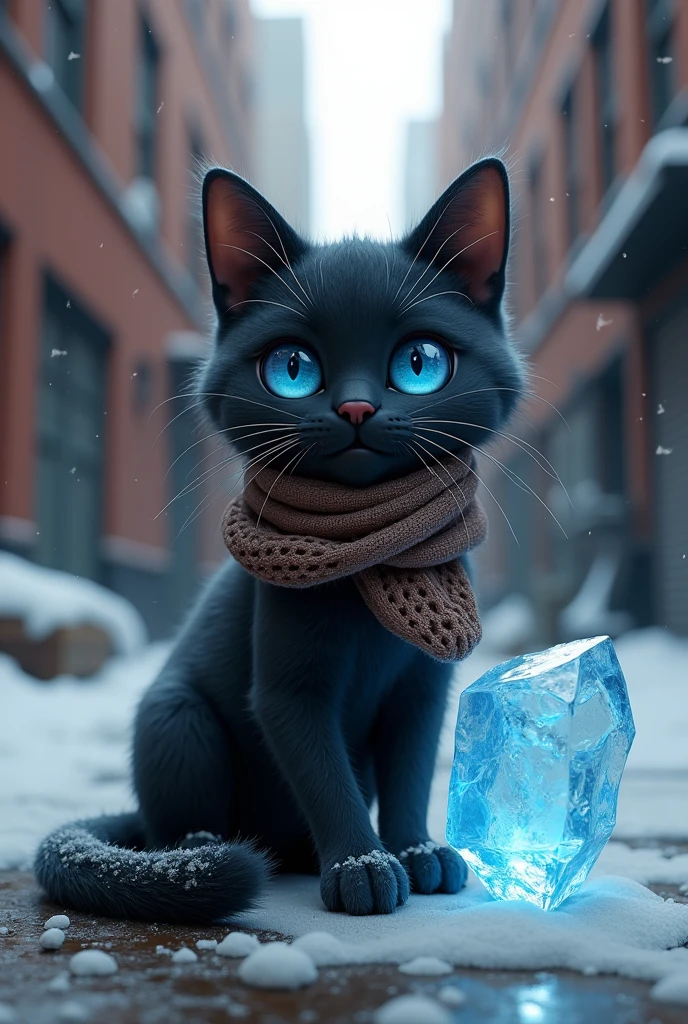 create a photo realistic image of a character named Iceberg-Kitty, a mischievous black alley cat with a cunning smile wearing a scarf and had ice powers