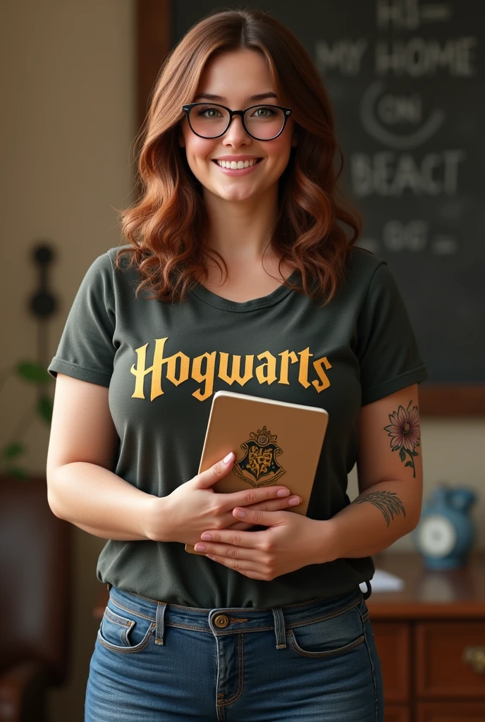 Woman 1,74, white robust, chestnut wavy hair, eyes browns, with glasses, jeans and harry potter t-shirt, Female teacher, flower tattoo on forearm, notebook that is