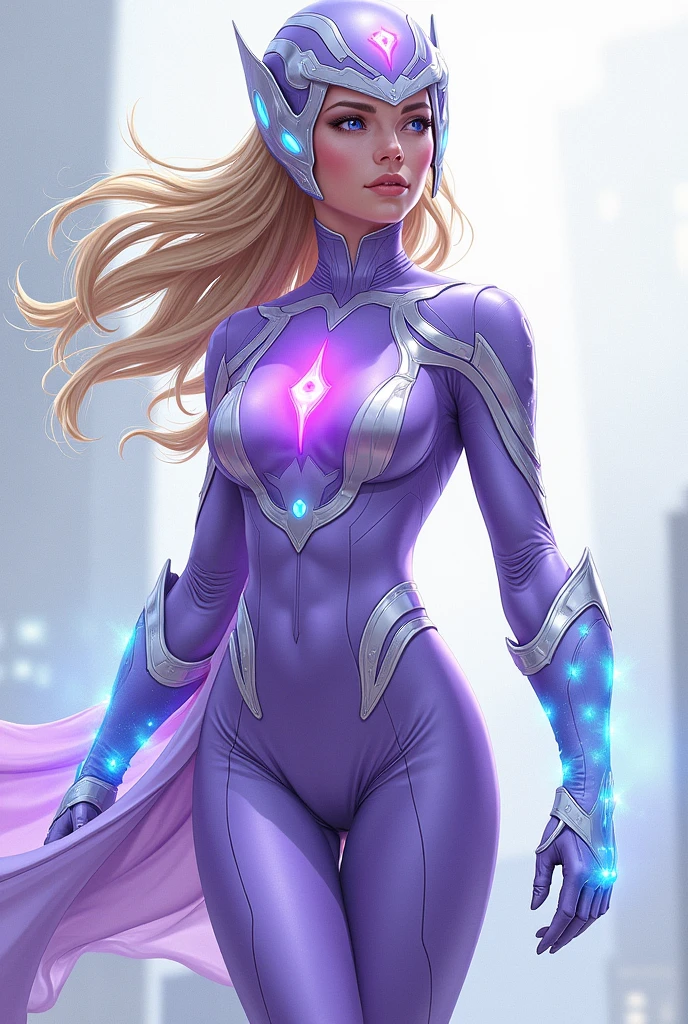 In comic book style, 2d, styl DC Comics, superheroine Aurora presents herself as a character full of grace and strength. Her costume is elegant, przylegający, made of advanced nanomaterials, which are both flexible, and durable. Dominującym kolorem jest lawendowy, with subtle, light blue inserts, które zdają się pulsować delikatnym światłem, szczególnie gdy bohaterka używa swoich mocy. The costume comes in the form of tight leggings and a fitted top with a longer back., przypominającym lekką tunikę, which gives it a dynamic look when moving.
Rękawice Aurory mają na sobie emblematy w formie zorzy polarnej, and shoes with a strong sole provide stability and mobility in combat. Na głowie nosi stylowy hełm inspirowany maską baletową, który jest przylegający i półprzezroczysty w okolicach oczu, protecting her from being blinded. Hełm jest zdobiony motywami zorzy, changing colors from lavender to icy blue, reflecting her powers.
Her long, blond hair, tied in a loose ponytail, they wave after her, creating an aura of lightness and grace. Aurora's appearance exudes strength and subtle beauty at the same time., making her a heroine, which fits perfectly into the classic comic book style.