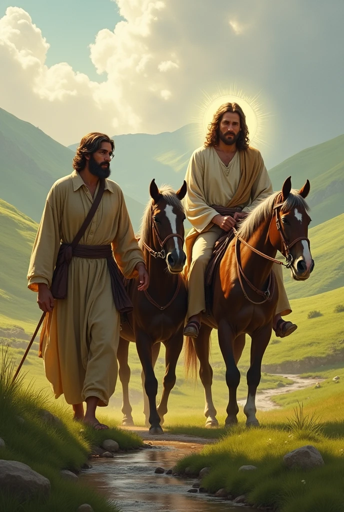 Can you visualize an image for a job?, of a peasant and Jesus at his side and Jesus guiding two horses in the valley. 