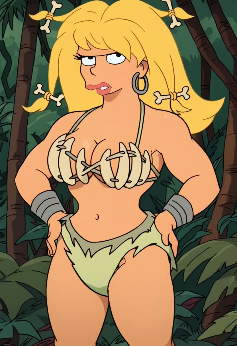 Score_9_up, score_8_up, score_7_up, BREAK amazonianfu, 1girl, solo, blonde hair, bone in hair, hoop earrings, bone bra, cleavage, torn panties, wristband, hand on hip, jungle