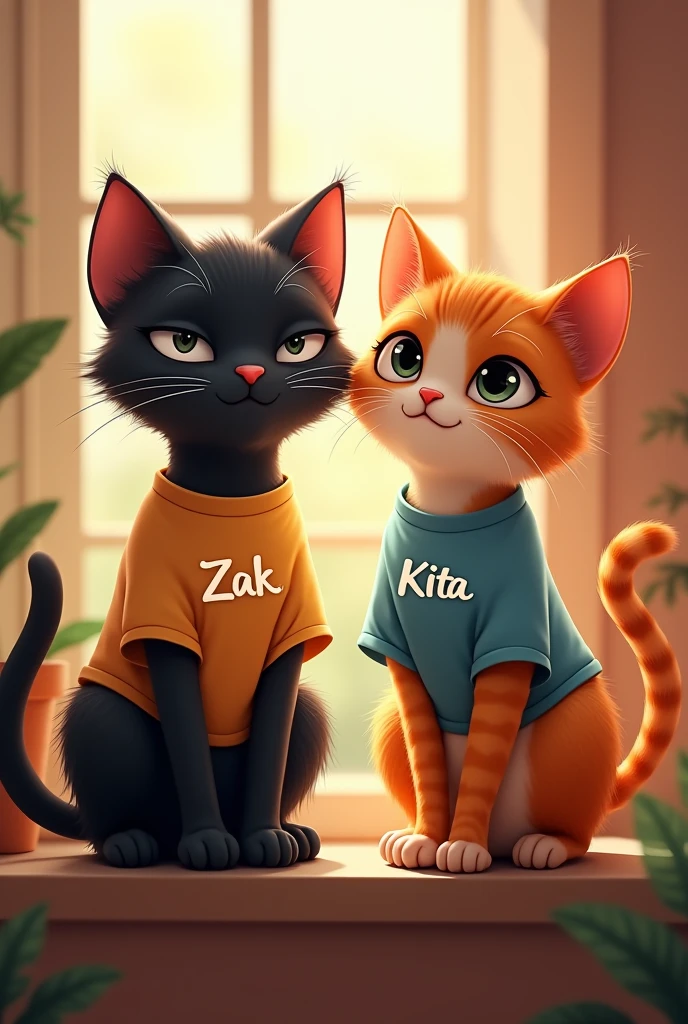 two cats with shirts with zak black cat and kita orange cat on their shirts