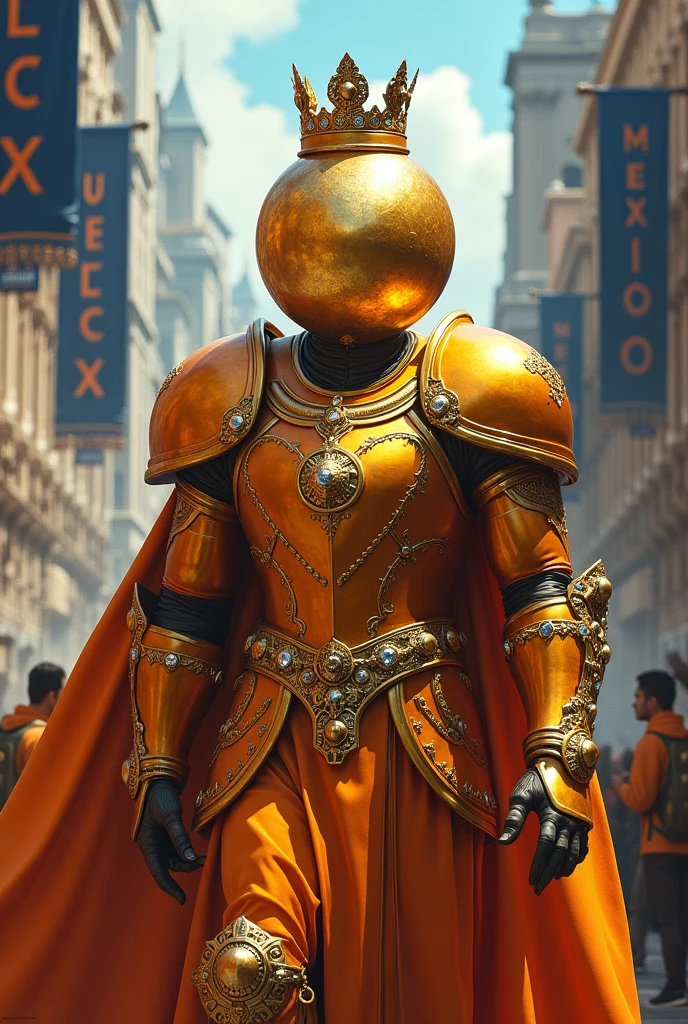 A king whose head is big and looks like a coin and has orange armor and a beautiful crown enters the city., flags is written "MEXC" are on top of that city and the color of this flags is dark blue.