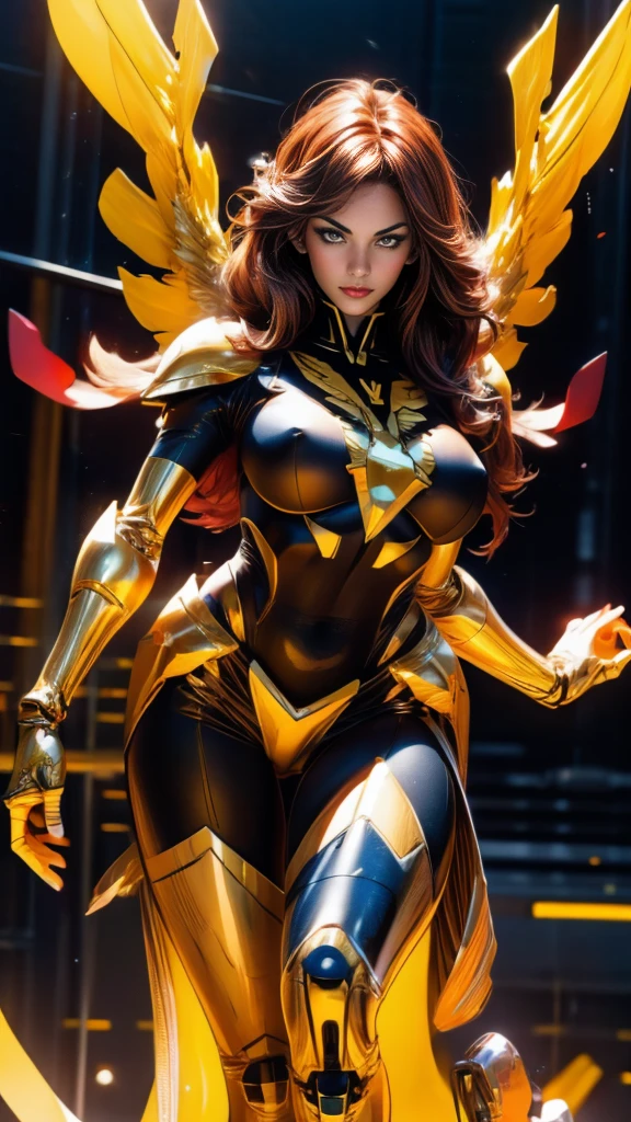 A beautiful detailed portrait of Jean Grey from X-men as a Gundam mecha, extremely detailed eyes and face, long eyelashes, intricate mecha design, wings, futuristic tech, seamless integration of organic and mechanical elements, cinematic lighting, dynamic fighting poses, (wide angle:1.27), (full length portrait:1.37), vibrant colors, 8k, photorealistic, concept art style, sharp focus, clean lines, no bra