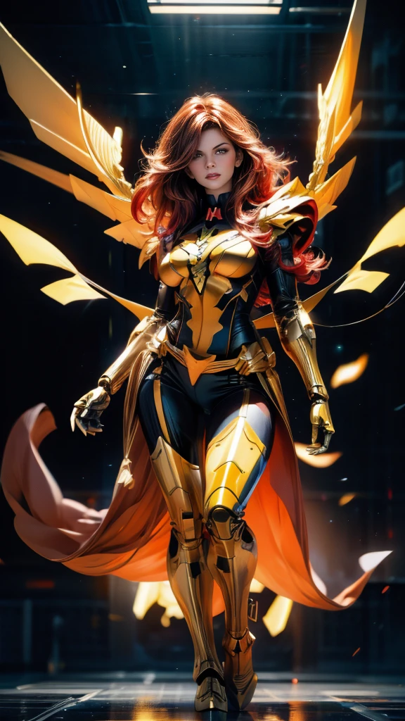 A beautiful detailed portrait of Jean Grey from X-men as a Gundam mecha, extremely detailed eyes and face, long eyelashes, intricate mecha design, wings, futuristic tech, seamless integration of organic and mechanical elements, cinematic lighting, dynamic fighting poses, (wide angle:1.27), (full length portrait:1.37), vibrant colors, 8k, photorealistic, concept art style, sharp focus, clean lines, no bra
