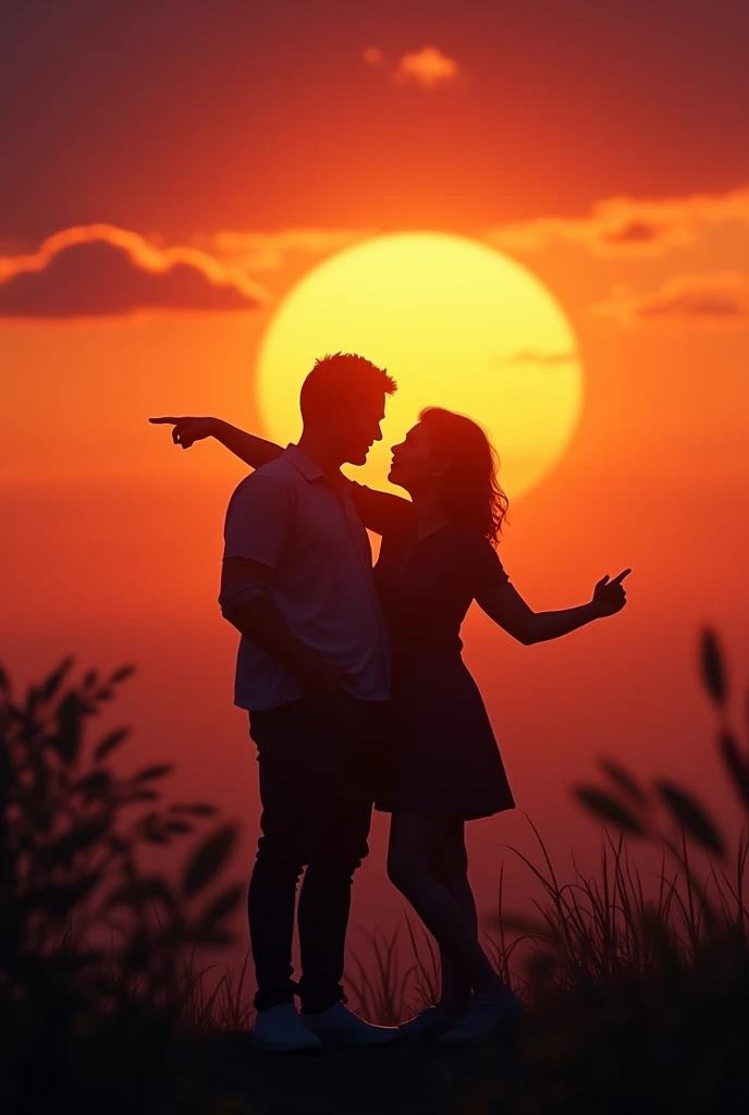 (photorealism:1.2), silhouette of couple hugging, looking towards the sunset and the woman pointing at the sunset