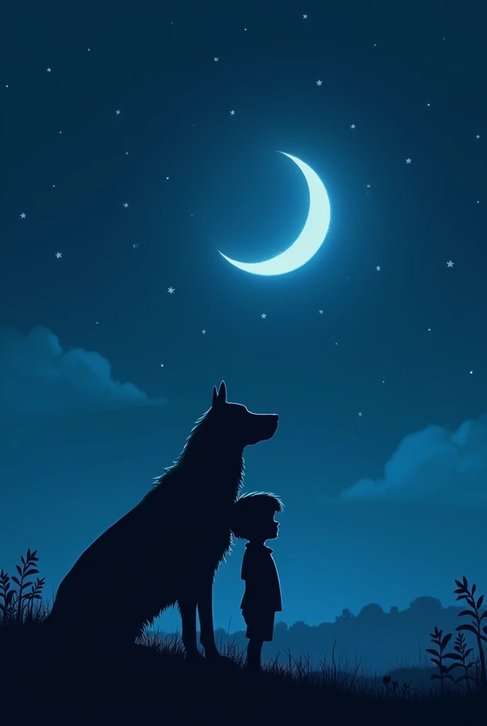 The silhouette of a child leaning on a dog looking at the moon 