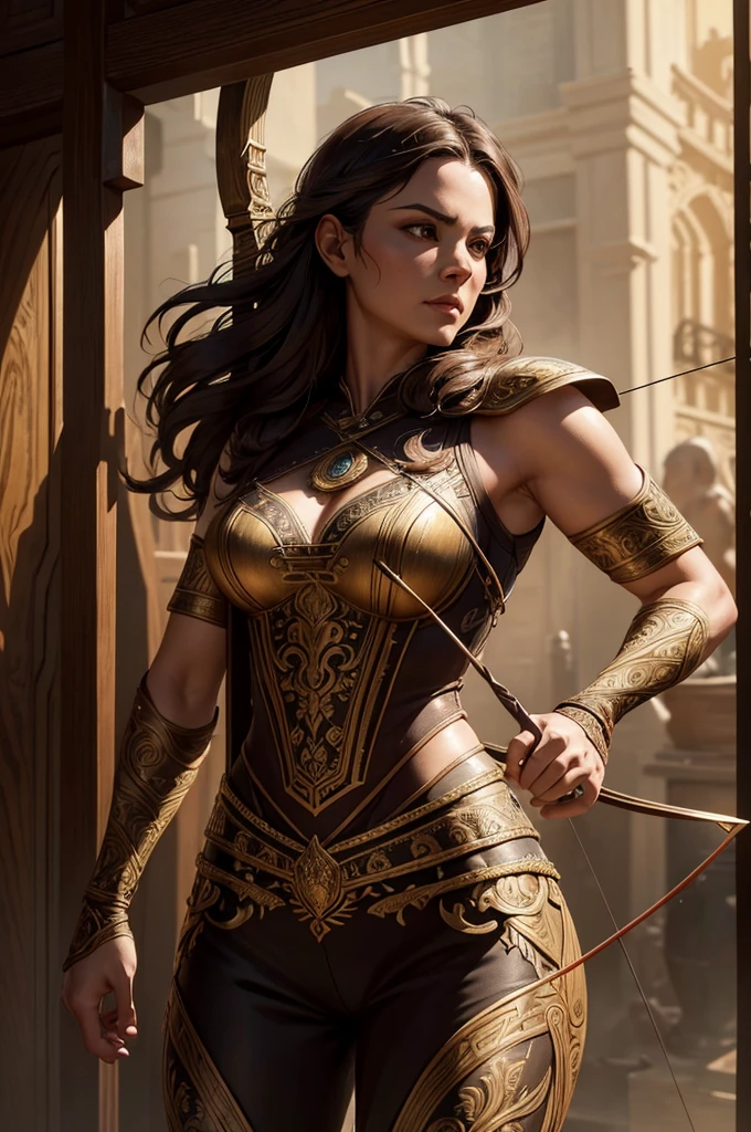 a highly detailed and intricate recurve bow, elegant curve design, beautiful woodgrain texture, delicate engravings, ornate metal accents, exquisite craftsmanship, photorealistic, 8k, award-winning illustration, cinematic lighting, dramatic shadows, warm color tones, fantasy, concept art