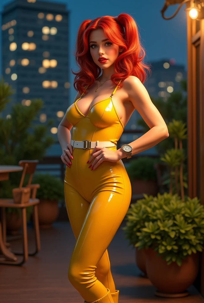 (masterpiece), (best quality), (solo character), (large breasts), (photorealistic:1.4), (chr1sh3n wearing white belt), (apriloneil costume, jumpsuit), (yellow latex jumpsuit), (apriloneil hairstyle), (apriloneil white belt), (apriloneil boots), (aprilonei wearing watch), (epiCRealLife), (lora:epiCFlashPhoto), (red hair), (red lipstick), (brown eyes), (young woman), (flashphoto), (at night), (new york city view), (garden rooftop), (outdoor),(standing), (different poses), (look at viewers),