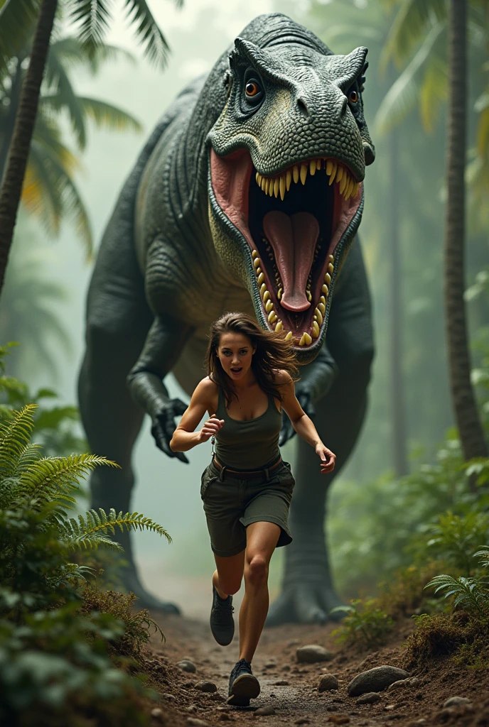 Mary Elizabeth Winsted, being chased by a T-rex