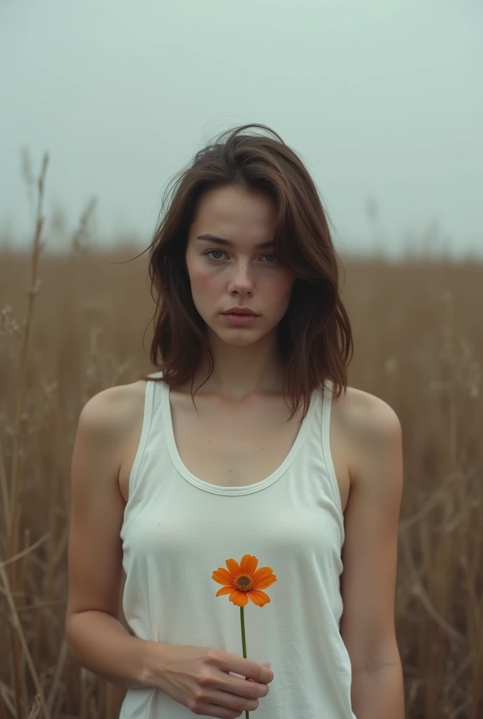 an bored white adult woman in a tank top, holding a medium flower, standing in a dead field of grass