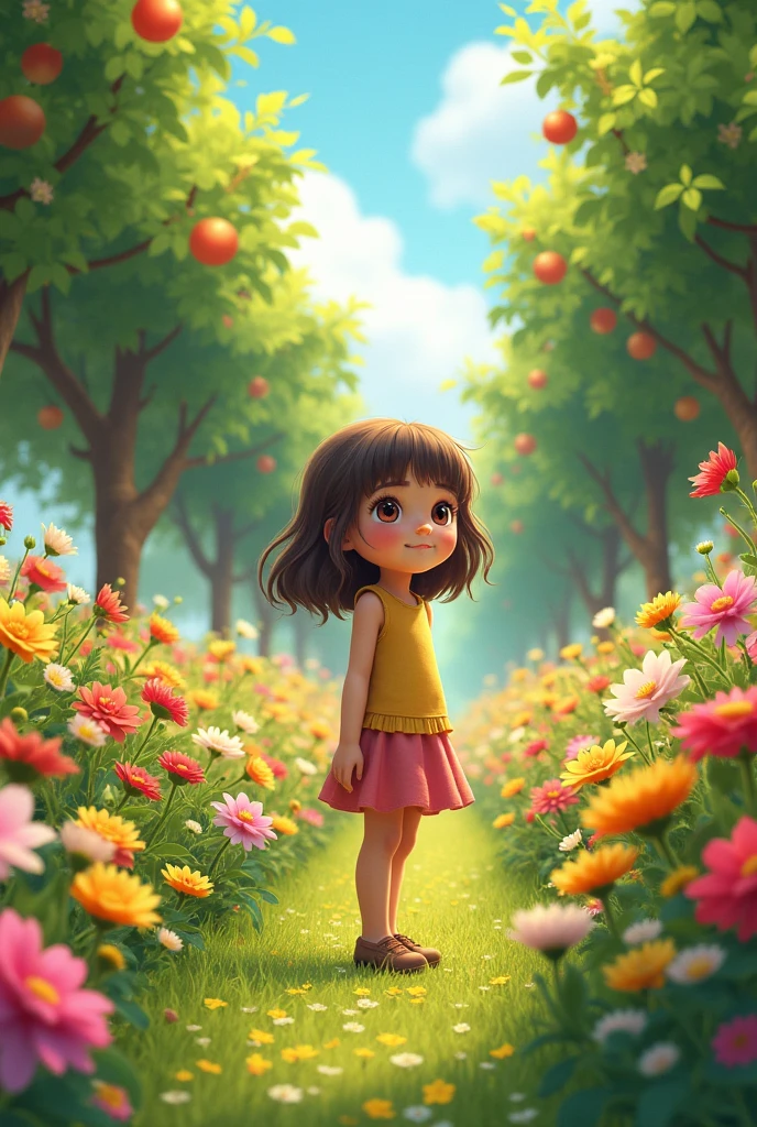 
An eight-year-old girl with chocolate-colored hair in her grandfather&#39;s orchard , It is surrounded by many flowers.