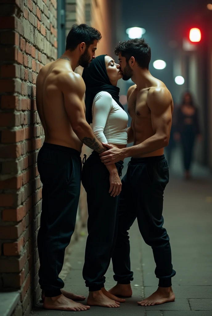 with black headscarf, white long sleeve t shirt, baggy black sweatpants, barefoot sexy skinny woman. Man kissing woman with her back against the wall on the street. Another man touches woman's butt.