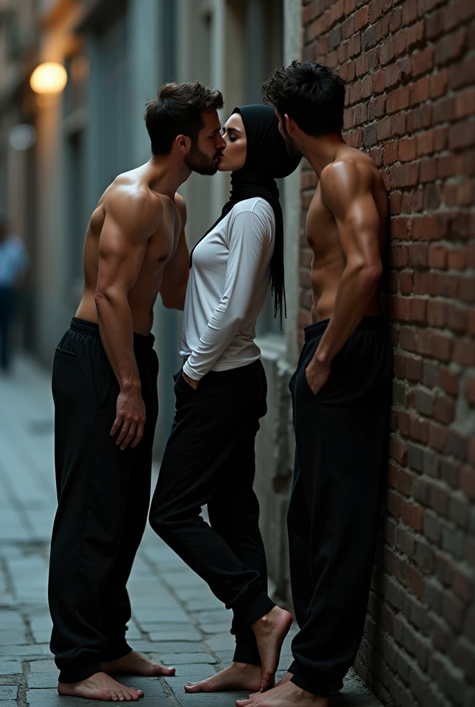 with black headscarf, white long sleeve t shirt, baggy black sweatpants, barefoot sexy skinny woman. Man kissing woman with her back against the wall on the street. Another man touches woman's butt.