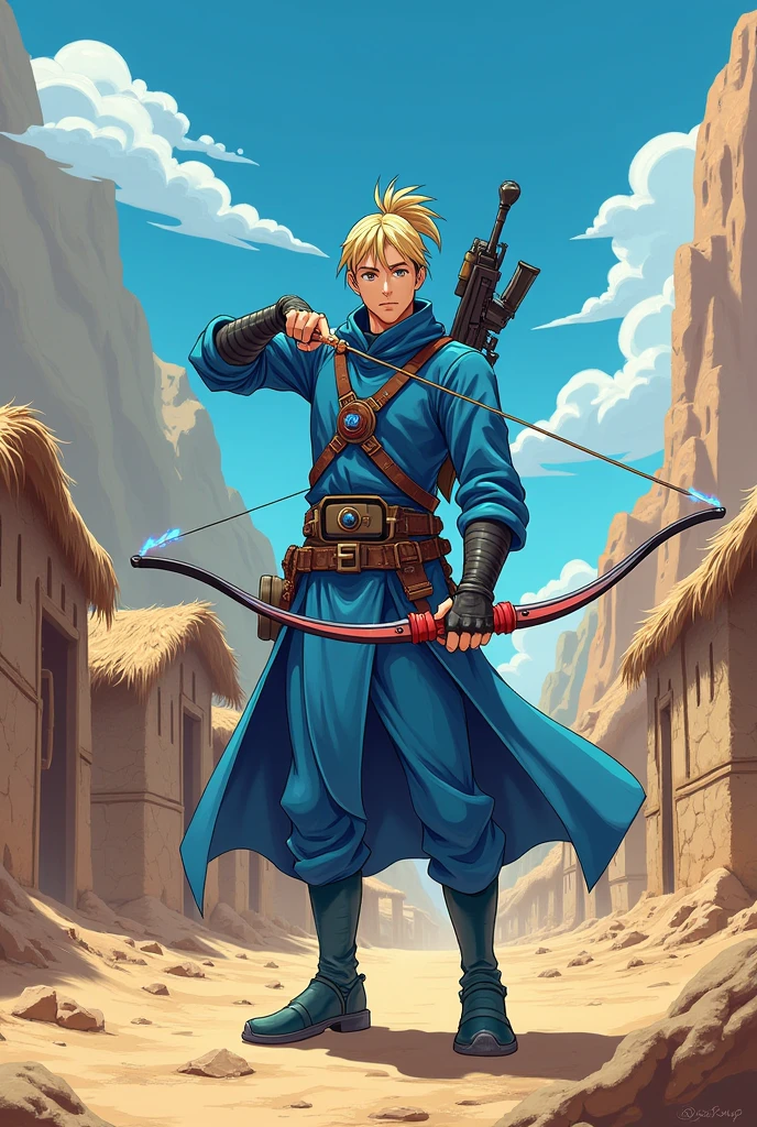 Valorant game beating, man with blond hair tied up, holding shock bow and arrow, with futuristic blue robes, one of the eyes lost in the war, placed a sapphire in his left eye. They are in huts in the middle of the hot desert., with an ak47 on his back.
anime styling