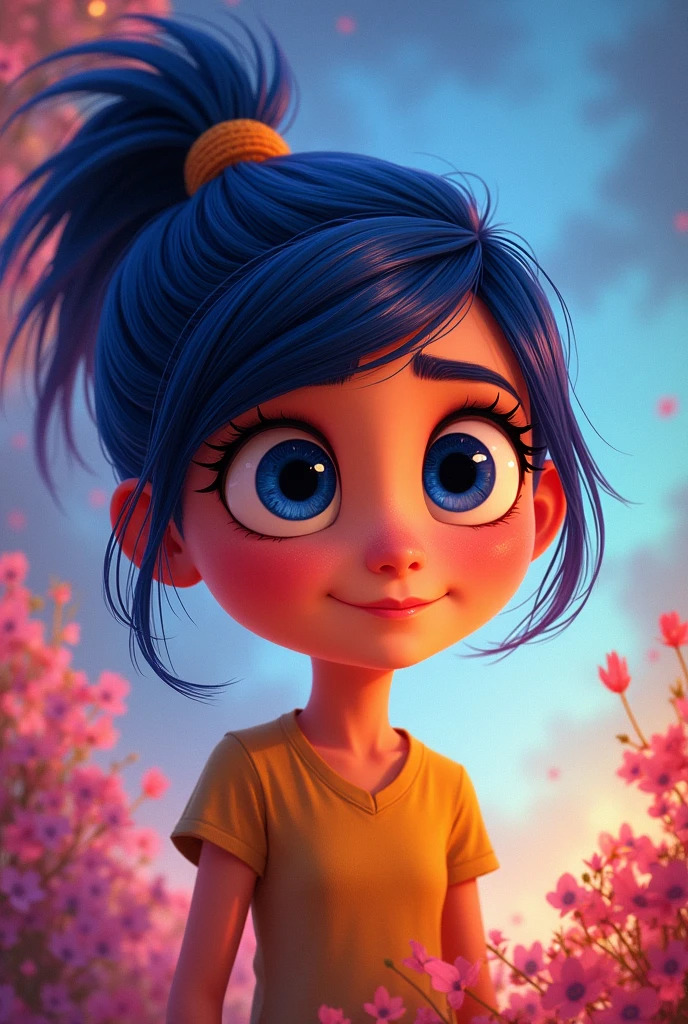 Create a drawing of the daughter of the characters Valentina Ortiz and Ennui and Mind Cop Dave from the animated movie Inside out 2. The drawing will be the daughter of the two characters and also the facial expressions and background of the drawing created will refer to these characters.