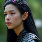 (photorealism:1.2),a teenage Male white with black hair muscular slim male tall elven ears glowing royal purple eyes and fantasy black leather armor and fantasy clothes black feathered wings folded behind his back a black metal circlet inlaid with purple gemstones
