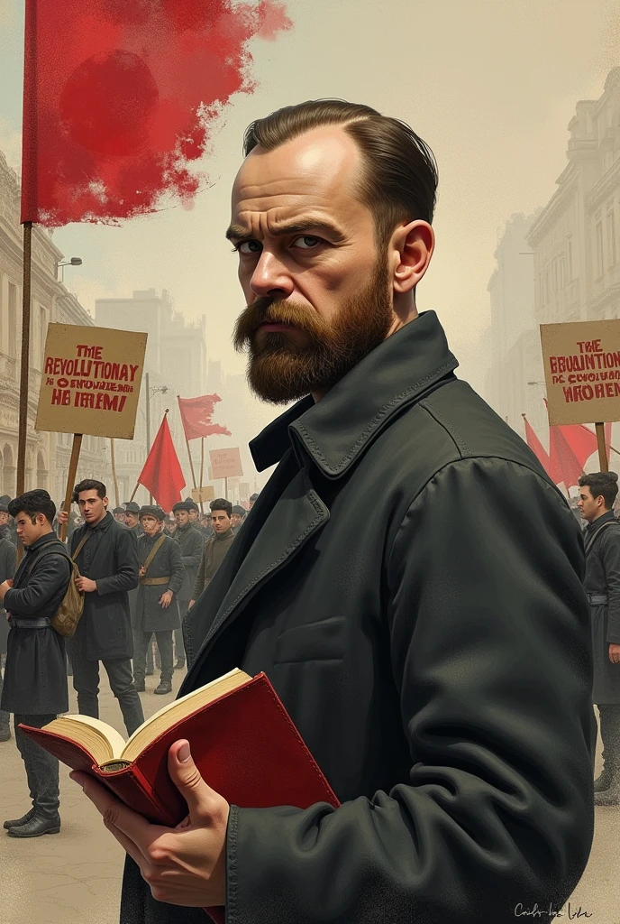 Drawing of a young man (Vladimir Lenin) with a book in hand, with a background of student protests and a sign that says "revolutionary movement". 