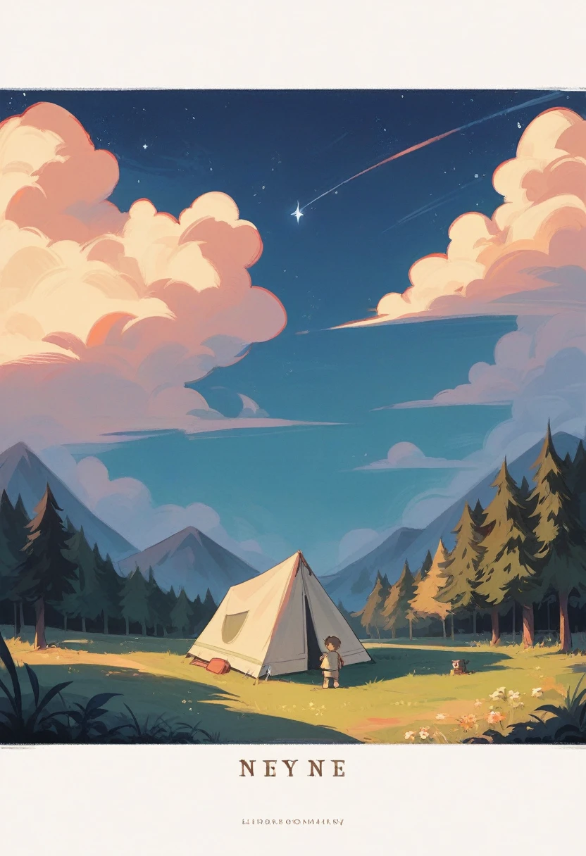 poster the tent stands in a meadow under the starry sky, in front of it there is a bonfire above the tent against the sky there is an inscription Yuru camp: a new era is coming