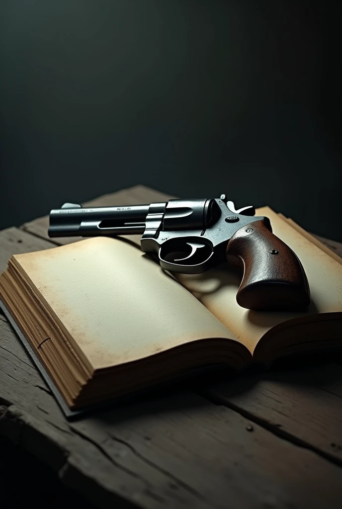 open book with some blank pages and a gun on top