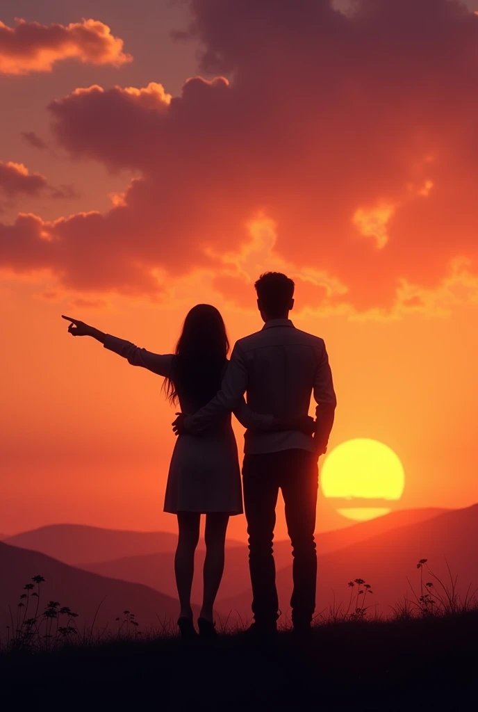 (photorealism:1.2), silhouette of couple hugging, looking towards the sunset and the woman pointing towards the sunset