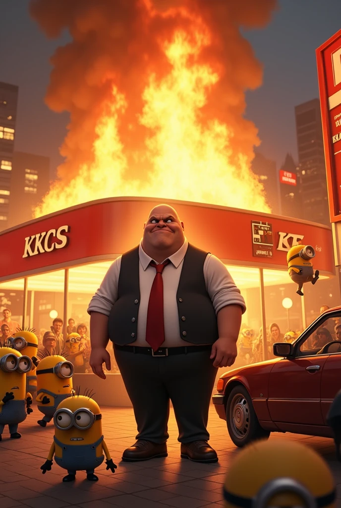 Gru despicable me KFC on fire and everyone running money back grumpy and get the car up