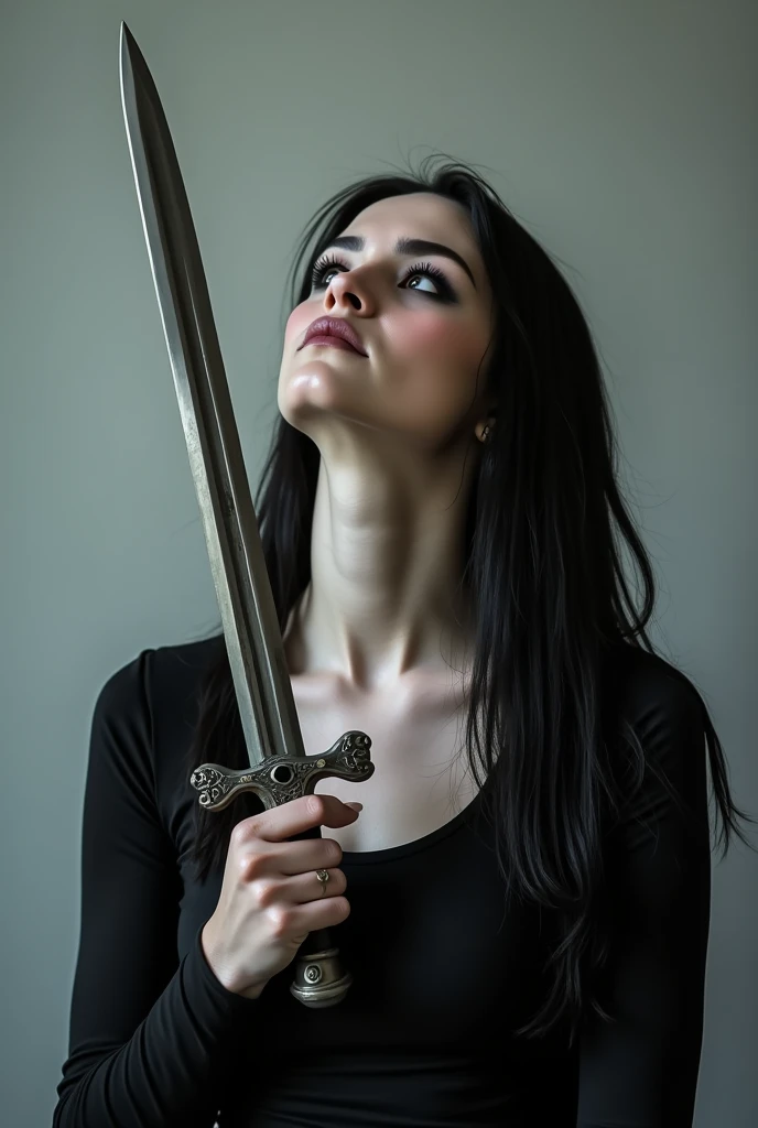 Realism, super quality, portrait photo style, woman holding tip of the sword against her own Adam's apple, her head is thrown back, woman has large masculine Adam's apple, (woman is a 30-year-old goth mom, feminine face, gothic makeup, black dress, pale skin, long hair)