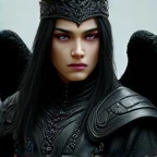 (photorealism:1.2),a teenage Male white with black hair muscular slim male tall elven ears glowing royal purple eyes and fantasy black leather armor and fantasy clothes black feathered wings folded behind his back a black metal circlet inlaid with purple gemstones